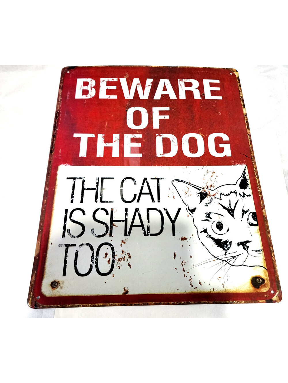 Funny Metal Tin Sign Beware Of Dog The Cat Is Shady Too Large 15x12 Retro Decor